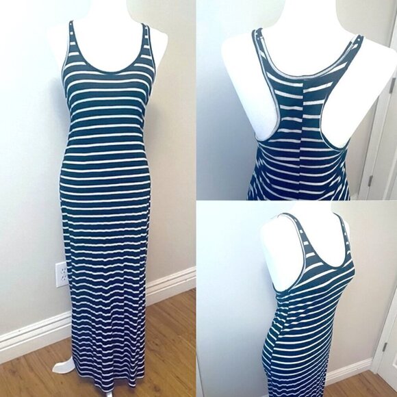 Kirra Sleeveless Summer Long Dress Boho Stripe Maxi Dress Navi White - Size S - Picture 1 of 11